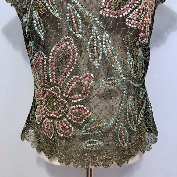 Layering Mesh Embroidered and Sequins Blouse Women M - Picture 4 of 10
